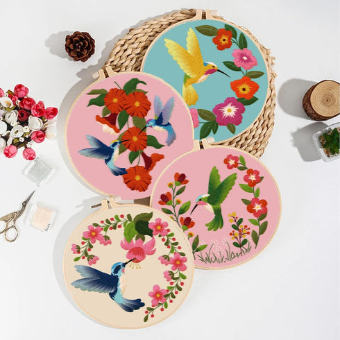 ORIGACH 4 Pack Flowers and Hummingbird Embroidery Kits for Beginners, DIY Starter Hand Embroidery Kit with Floral and Birds Patterns and Instructi...