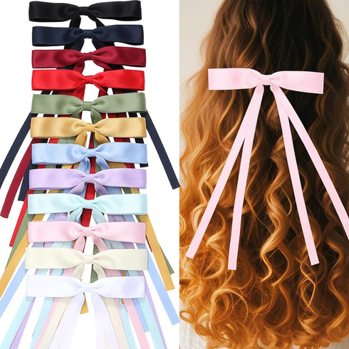 12 PCS Hair Bows for Women, Hair Ribbon with Long Tail Bowknot Hair Clips for Women Girls, Hair Barrettes with Bow Accessories (12 Color mixing)...