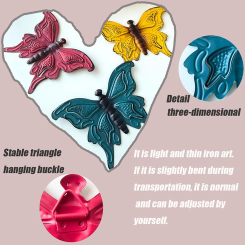 KISWIAR 3PCS Metal Three-dimensional Butterfly Wall Decoration, Butterfly Iron Art Wall Sculpture, Yellow Red Blue Butterfly Wall Decor for Indoor...