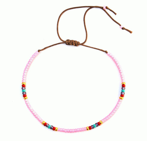 Beaded Anklet for Women, Boho Bohemian Native American Style, Unique Waterproof Pink Colorful Hippie Beach Anklet, Handmade by Tribes (S-M)...