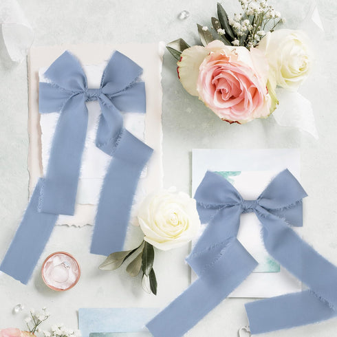 Dusty Blue Fringe Chiffon Silk Ribbon 1-1/2 Inch x 40Yd Dusty Blue Ribbons Set Handmade Frayed Fabric Ribbon Boho Cloth Ribbon for Wedding Invitat...