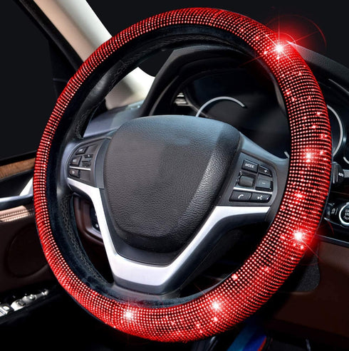 Valleycomfy Steering Wheel Cover for Women Bling Bling Crystal Diamond Sparkling Car SUV Wheel Protector Universal Fit 15 Inch (Black with Red Dia...