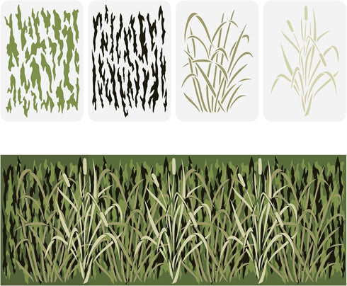 FINGERINSPIRE 4 Pcs Bark Camouflage Stencil 11.7x8.3 inch Camouflage Grass Bark Reed Pattern Stencils Plastic Wall Camo Stencil Kit Reusable DIY A...
