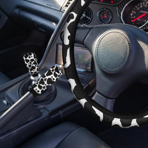 Tallew 7 Pieces Cow Print Car Accessories Set Include Steering Wheel Cover License Plate Frame with Screws Cup Holders Keyring Bracelet Handbrake ...