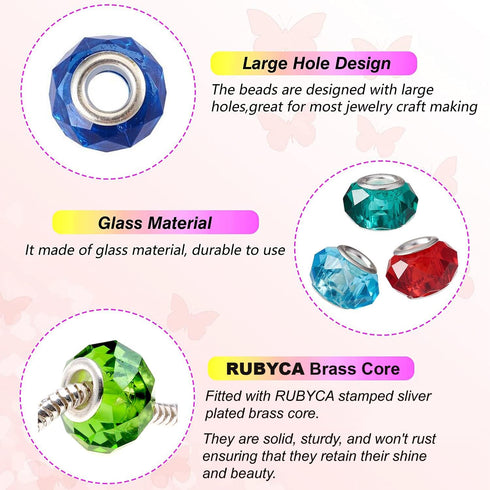 RUBYCA Murano Faceted Beads for Jewelry Making Glass Beads for Bracelets Making Charms European Silver Core Lampwork Spacer Craft Large Hole Bulk ...