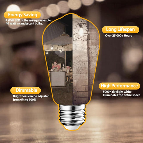 6 Packs ST58 LED Edison Bulbs, 4 Watt Vintage Light Bulbs Equivalent to 40 Watts, High Brightness 5000K Daylight White Light Bulbs, 90+ CRI, 480 L...