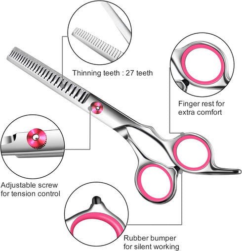 Pink Dog Grooming Scissors with Safety Round Tip,Pet Grooming scissors Kit,Dog Shears for Grooming,Incude Thinning,Curved Grooming Scissors and Co...