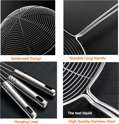 Spider Strainer Skimmer Spoon, HSpiow Set of 3 Sizes Frying Spoon Stainless Steel Fryer Scoop Wire Strainer Ladle with Long Handle for Kitchen Fry...