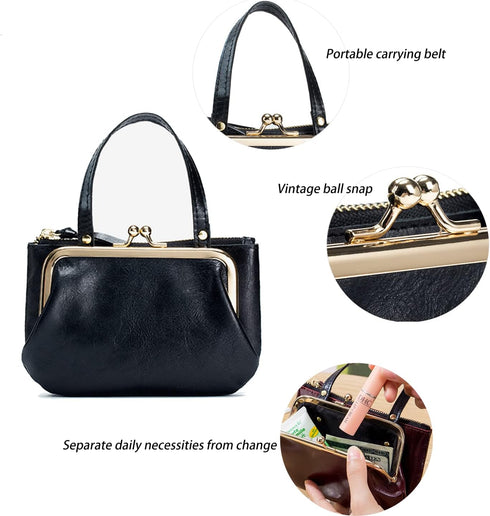 Women's Genuine Leather Coin Purse Pouch Change Wallet,Vintage Pouch Kiss-lock Change Purse Wallets...