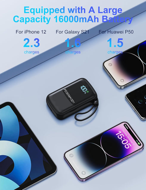 UYAYOHU Portable-Charger-Power-Bank - 16000mAh Battery Pack PD 30W Fast Charger Built-in Type-C and iOS Cables for iPhone, Samsung Galaxy, and Mos...
