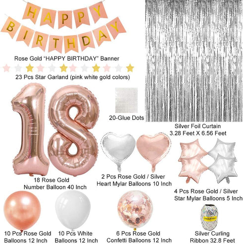 Happy 18th Birthday Decorations for Girls-Complete 18 Party Decor-Rose Gold 18th Birthday Balloons Kit with 40" Giant 18 Number Balloon...