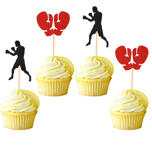 48Pcs Black Red Glitter Boxing Gloves Boxer Cupcake Toppers Fitness Cupcake Picks Boxer Birthday Party Decorations...