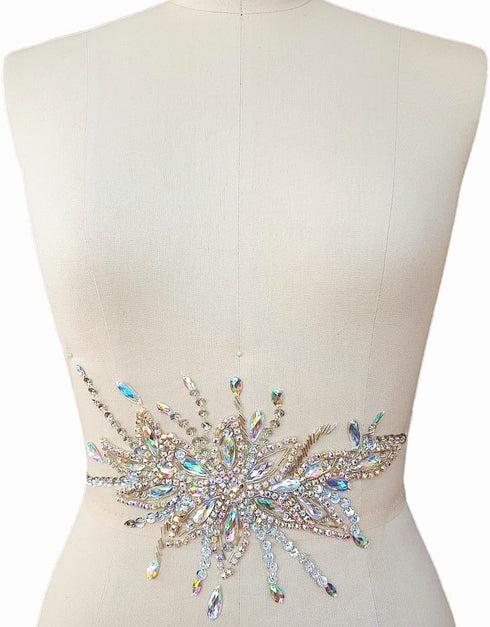 Exquisite Uniquely Pure Handmade AB Colour Bright Crystal Patches Sew-on Rhinestones Applique with Stones Sequins Beads for Wedding Dress DIY Manu...