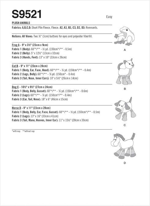 Simplicity Frog, Cat, Dog, and Horse Plush Animal Sewing Pattern Kit, Code S9521, One Size, Multicolor...