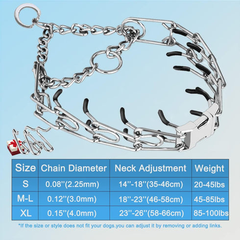 Prong Pinch Collar for Dogs, Adjustable Training Collar with Quick Release Buckle for Small Medium Large Dogs(Packed with Two Extra Links) (M/L(18...