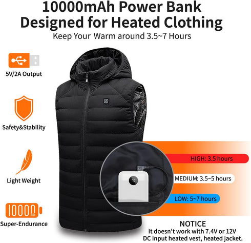 Heated Vest Battery Pack, 5V 2A Power Bank for Heated Jacket, Pants, Stadium Seats, 10000mAh Small LED Display Fast Charging Portable Charge for H...