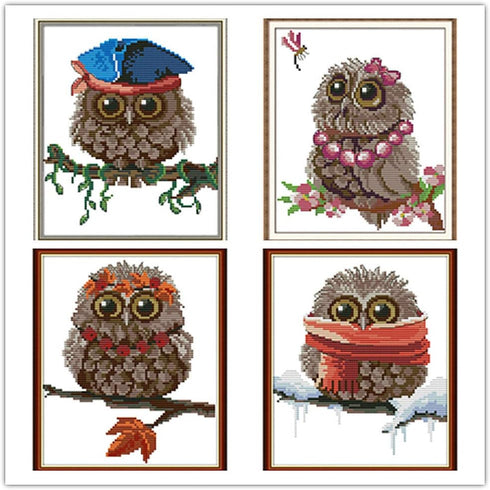 Cross Stitch Kits, Awesocrafts Owls 4 Four Seasons Easy Patterns Cross Stitching Embroidery Kit Supplies, Stamped or Counted (Stamped)...