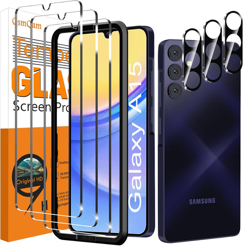3 Pack Screen Protector for Samsung Galaxy A15 5G + 3 Pack Camera Lens Protector, Ultra HD Tempered Glass, 9H Hardness, Anti Scratch, Easy Install...