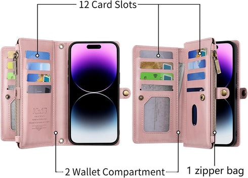 MInCYB for iPhone 12/12 Pro Wallet Case with Card Holder (12 Card Slots) - PU Leather Case for Women & Men, Wireless Charging, Detachable Magnetic...