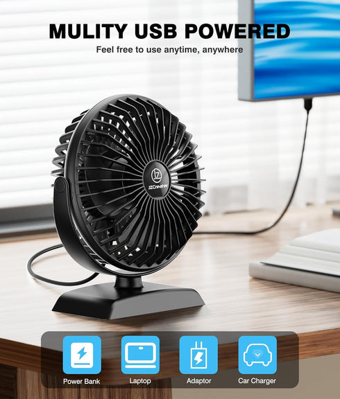 JZCreater Desk Fan, USB Desk Fan, 3 Speeds with Strong Airflow, 4.9 Inch Quiet Small Portable Table Fan, 360° Rotate Personal Cooling Fan For Bedr...