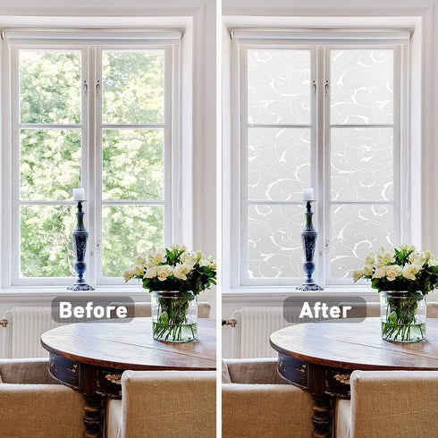 LEMON CLOUD Window Privacy Film, No-Adhesive Static Decorative Window Film, Frosted Stained Glass Window Cling Vine Design (35.4 x 78.7 Inch, Whit...