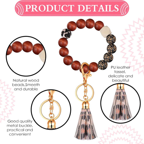 3 Pieces Silicone Key Ring Bracelet Elastic Beaded Keychain Wristlet with Faux Leather Tassel Car Key Ring Holder...