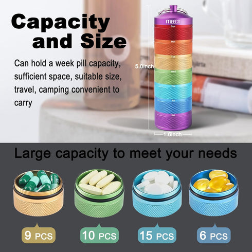 Weekly Metal Pill Organizer, Waterproof 7-Day Pill Container for Outdoor Travel. Aluminum Pill Case That is Shockproof and Has Large Compartments ...