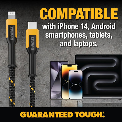 DEWALT Lightning to Type C Cable — Reinforced Braided Cable for Type C Fast Charging — USB C to Lightning Charging Cable — Fast Charging Apple Com...