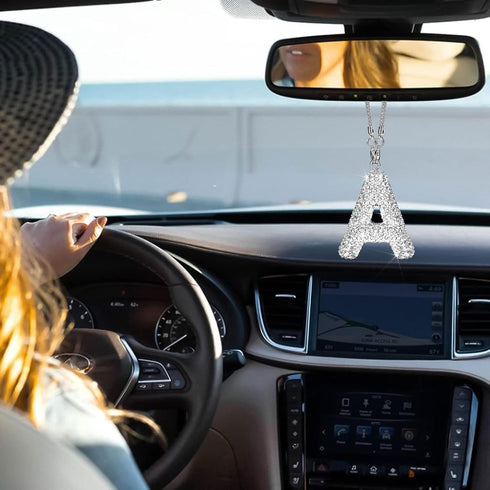 Initial Car Rear View Mirror Ornament Hanging Lucky Crystal Pendant Bling Car Accessories for Women Rhinestone Charm Auto Decoration (White A)...