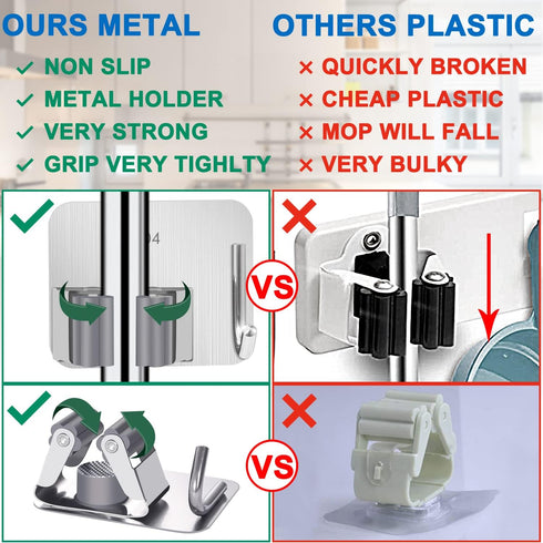 Broom Holder Self Adhesive No Drill Wall Mount Mop Broom Organizer with Hook Heavy Duty Stainless Steel Garden Tool Organizer Garage Storage and O...