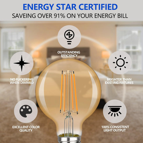 G25 LED Edison Vanity Globe Light Bulbs, LED Filament Light Bulb, 6W Equivalent to 60W, G80 Dimmable 600LM E26 Medium Base, Bathroom Vanity Mirror...