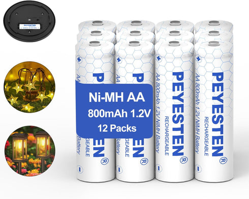 Ni-Mh 800mAh 1.2V AA Rechargeable Batteries Ni-Mh, Double A Batteries for Solar Lights, Garden Lights, Pack of 12, Pre-Charged...