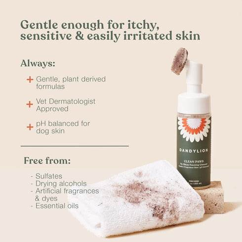 Dandylion Clean Paws | No-Rinse Foaming Cleanser | Gentle, Fragrance-Free, and pH Balanced to Provide a deep Clean Safe for All Dogs | 5fl oz. Bot...