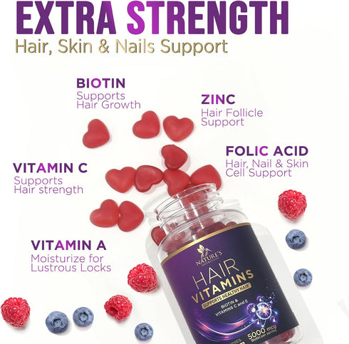 Hair Growth Supplement Gummy for Stronger, Radiant Hair, Skin & Nails - Hair Vitamins with Biotin 5000 mcg and Vitamin E & C, Nature's Extra Stren...