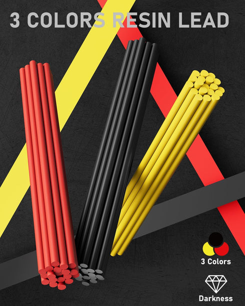 Four Candies 3PCS 1.3mm Mechanical Pencil Set with Case, Metal Heavy Duty Carpenter Pencils with 48 Refill(Red,Black,Yellow) 3Eraser, 12Eraser Ref...