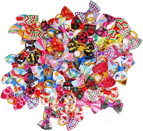 100pcs Pet Dog Bows, Bulk Dog Hair Accessories Bows with Rubber Bands 1.37x0.98 inch, Handmade Yorkie Dog Hair Grooming Small Size Bows, Mix Puppy...