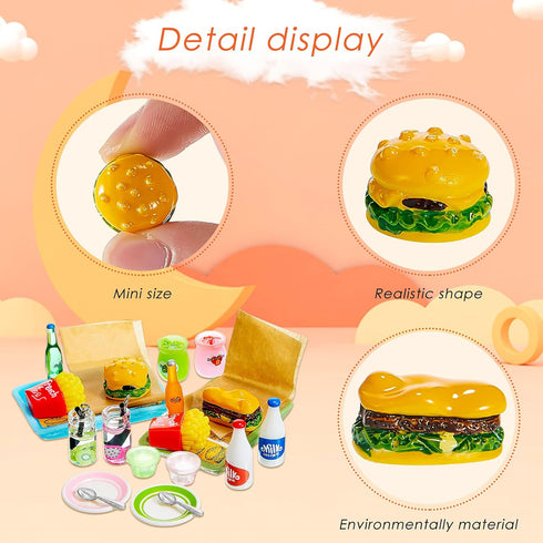 8 Set 20 Pieces Miniature Food Pretend Fast Food Play Toys Set Hamburger Fries Soda Pudding Milk Juice Doll Food Kitchen Accessory Toy for Kids Pa...