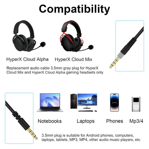 Cloud Alpha Cable with Mute & Volume Controls Compatible with Hyperx Cloud Mix and Cloud Alpha Gaming Headset, for Logitech G933 G633 G935 G635 Ga...