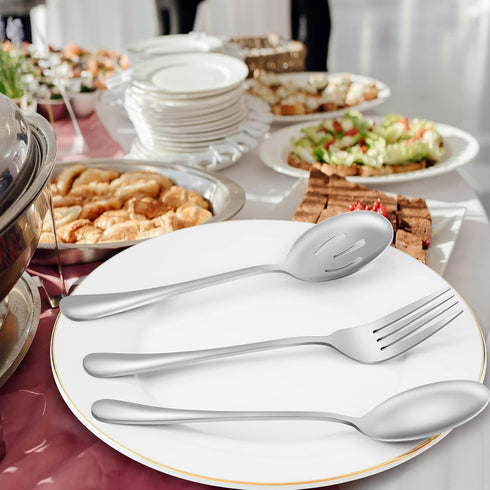Serving Utensils, Set of 6 Large Serving Spoons Forks Tongs Butter Knife and Pie Server, Thickened Stainless Steel Buffet Catering Flatware Servin...