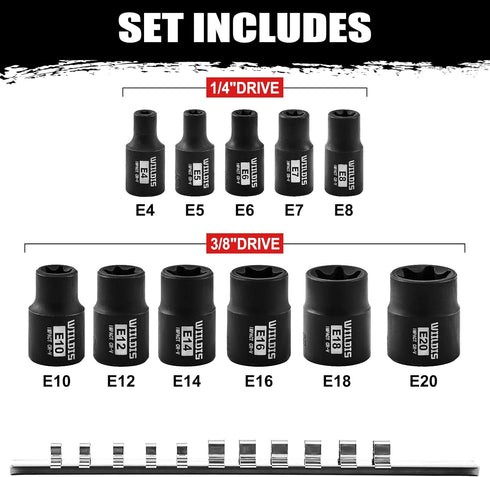 11PCS Female Torx Socket Set, E-Torx Socket Set with Rail,1/4" and 3/8" Drive, Female External Star Socket Set E4 - E20 Torque Socket Set...