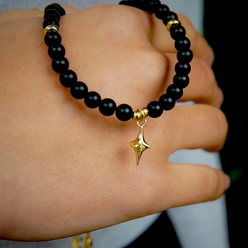 Black Onyx Choker Bead Necklace Crystal Collar | Dainty Star Pendant Cubic Zirconia Stone Vintage Lightweight Celestial Gold Jewelry for Women...