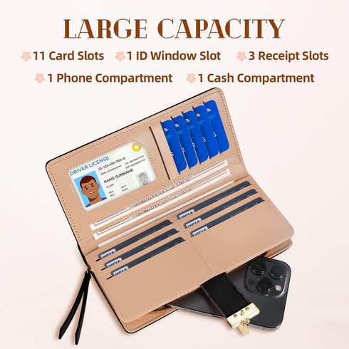 Women's Long Leaf Bifold Wallet Leather Card Holder Purse Zipper Buckle Elegant Clutch Wallet Handbag for Women - Black...