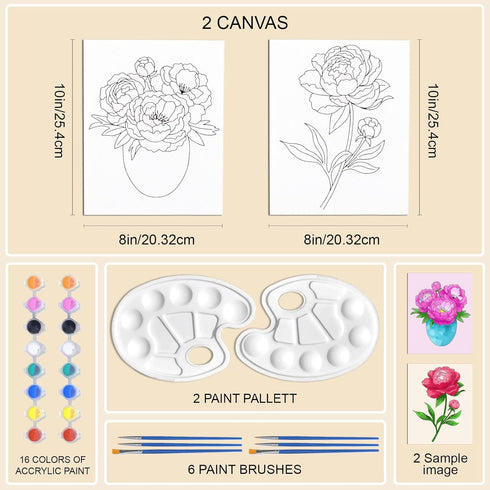 2 Pack 8x10 Pre Drawn Canvas Painting Kit, Beautiful Peony Flower Vase Paint Party Kits for Kids and Adults, Easy DIY Acrylic Painting on Canvas...