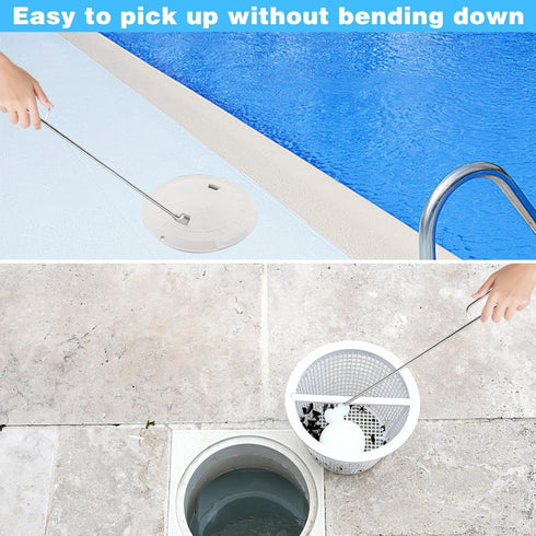 Pool Skimmer Basket Hook Tool, Stainless Steel pool Skimmer Hook Extended Knee Protection Skimmer Basket Handle for Cleaning Swimming Pool Debris ...