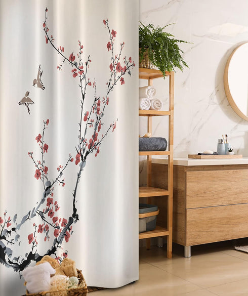Ambesonne Nature Stall Shower Curtain, Cherry Branches Flowers Buds and Birds Style Artwork with Painting Effect, Fabric Bathroom Decor Set with H...