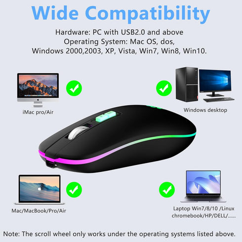 Wireless Mouse, Backlit LED Portable Slim Computer Mouse for Laptop, PC, Computer, MacBook, iPad, Chromebook, Notebook, 2.4G Rechargeable Wireless...