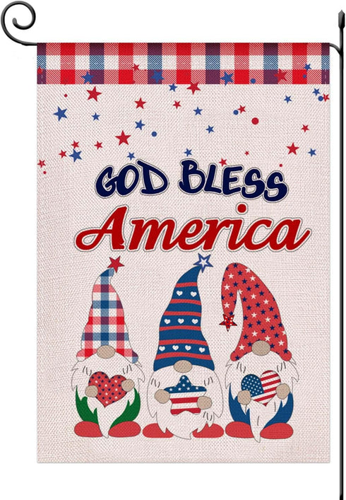 God Bless America Patriotic Garden Flag,4th of July Gnomes with US Star Garden Flag,Spring Summer Independence Day Double Sided Seasonal Burlap Ga...