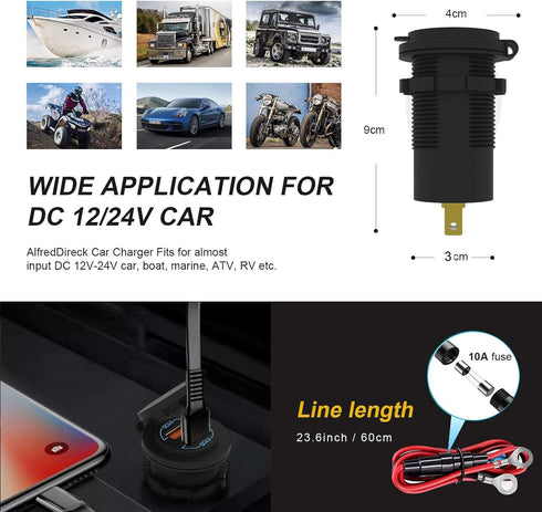 12V USB Outlet - 90W(Max) Dual Ports QC4.0 PD & Quick Charge3.0 Car Charger Socket with LED Indicator - Waterproof USB C Port for Car Boat Marine ...