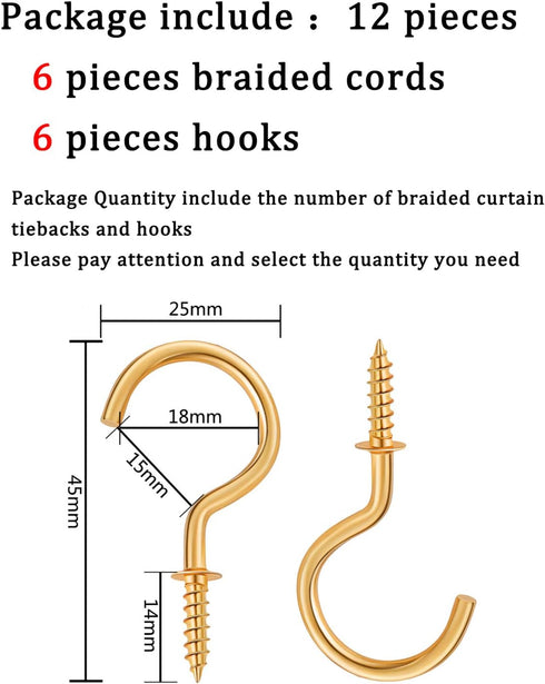 Blulu 6 Pieces Braided Curtain Tiebacks Rope Belt Curtain Ties and 6 Pieces Hooks Metal Curtain Tieback Hooks for Window Curtain Accessories (Silv...