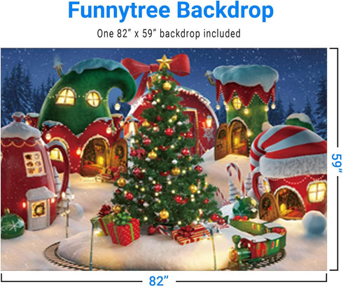 Funnytree 7x5FT Cartoon Christmas Village Photography Backdrop Winter Snow Pine Tree Background Xmas Fairy Tale Animated Kid Party Photo Booth Ban...